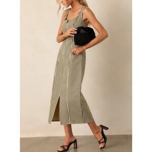 FORE Stripe Denim Midi Dress Black Beige Women's Size S Zip Front 100% Cotton